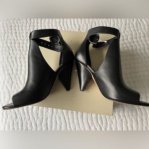 Marc Fisher, black leather, open toe with buckle, booties.